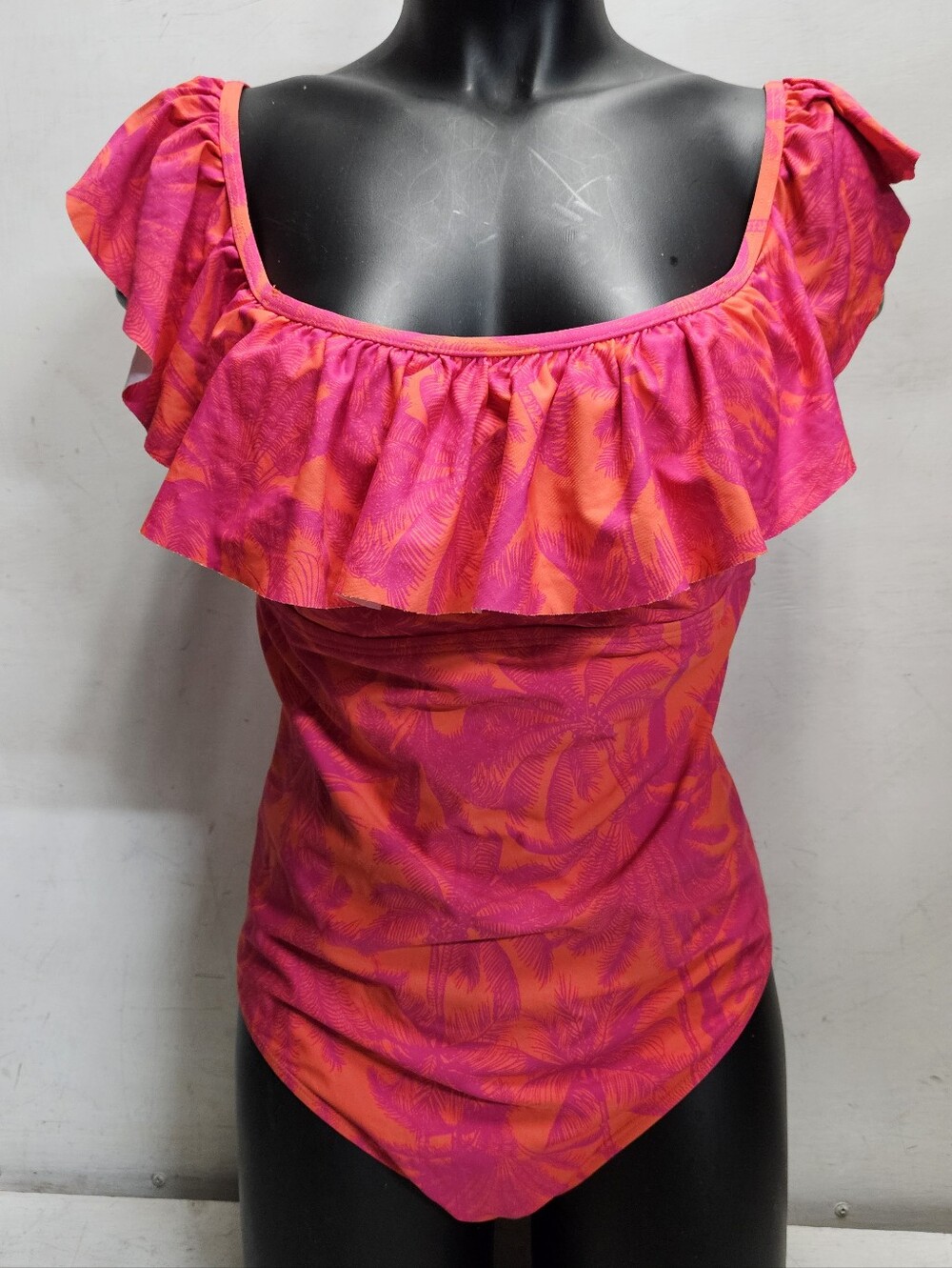 Mynah Large Pink/Orange Tropical Palm One Piece Swimsuit Bathing Suit Swimwear